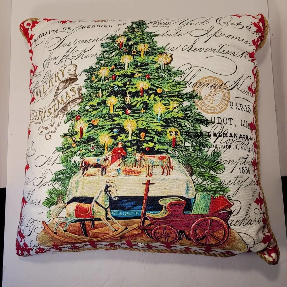 Christmas Tree Throw Pillow Cover Jute Trim‎ 17x17 Holiday Decor